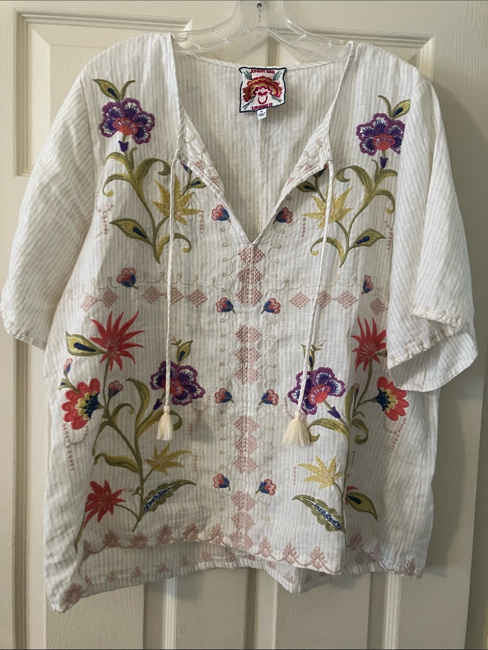 Johnny Was White Embroidered Floral Tassel Tunic